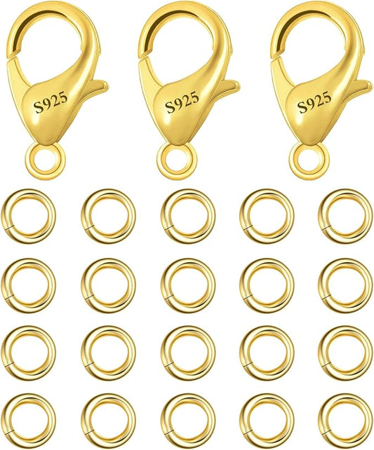 23Pcs 14K Goldplated Lobster Claw Clasps 10mm with Open Jump Rings Jewelry Making Set, 925 Sterling Silver Jewelry Finding Supplies Small Gold Lobster Clasps for Necklaces Bracelet Chains Connector