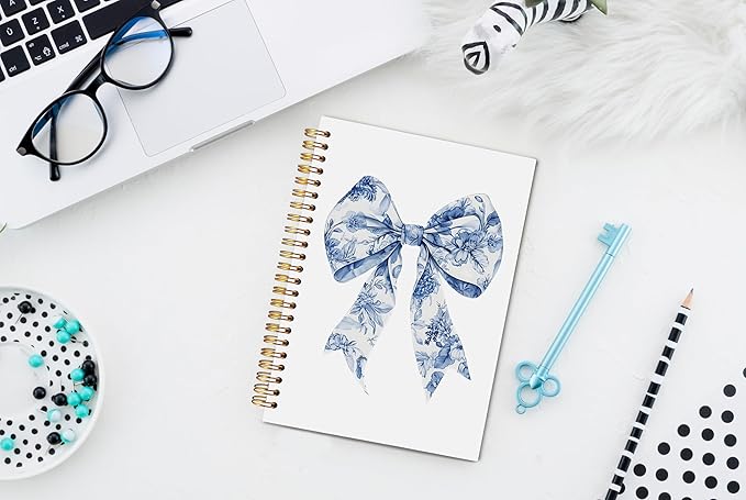 Chinoiserie Bow Spiral Notebook 5.5x8.3, Blue and White Floral Journaling Notebooks, Grandmillennial Bow Journal, Aesthetic Notebooks for Note Taking, Preppy Girly Journals for Writing