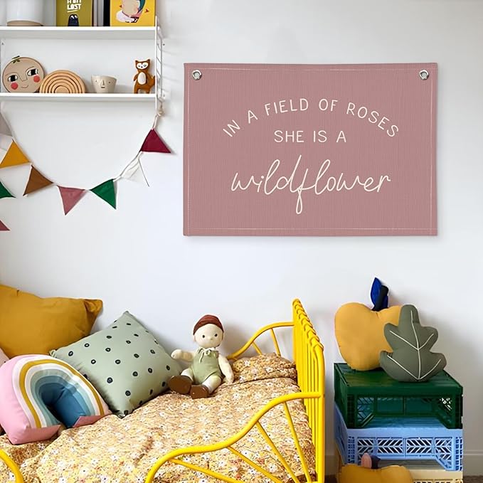 Wildflower Nursery Decor, Girls Room Decor - In a Field Full of Roses She Is a Wildflower Pink Linen Banner Flag for Little Girl Baby Girl