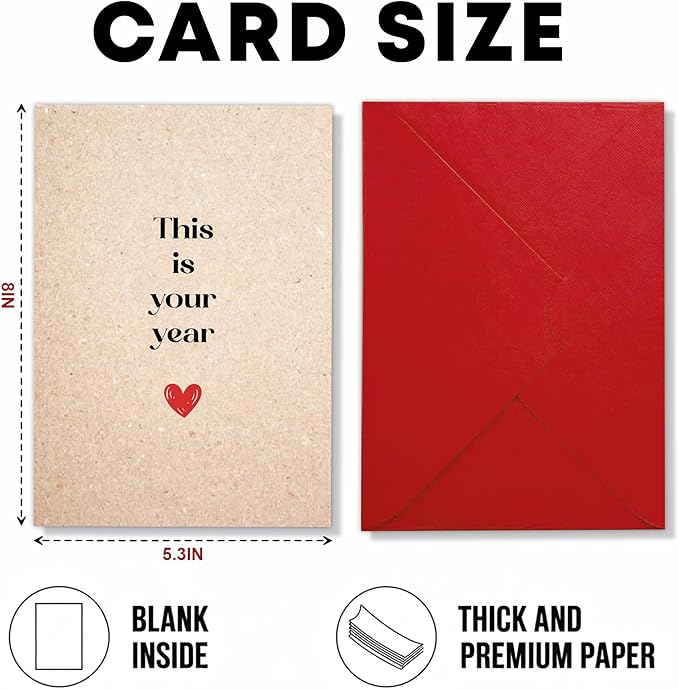 (5.3x8in) This Is Your Year Card, Minimalist Kraft Paper Motivational Greeting with Red Heart, Positive Encouragement Card for New Year, Promotion or Life Change with Envelope (Xmas 44)