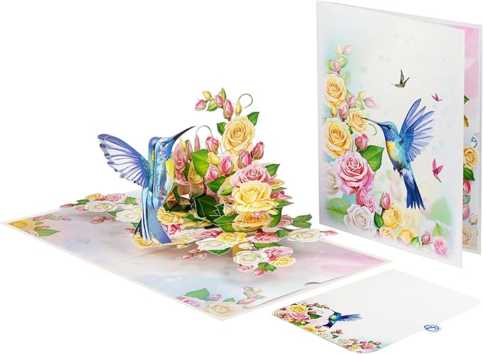 Greeting Card Blue Hummingbird with Roses 3D Pop-Up Cards Handmade Birthday Flower Gift for Women, Mom, Wife, Men 6x8 Inches Aniversary Wedding Christmas Gifts Floral