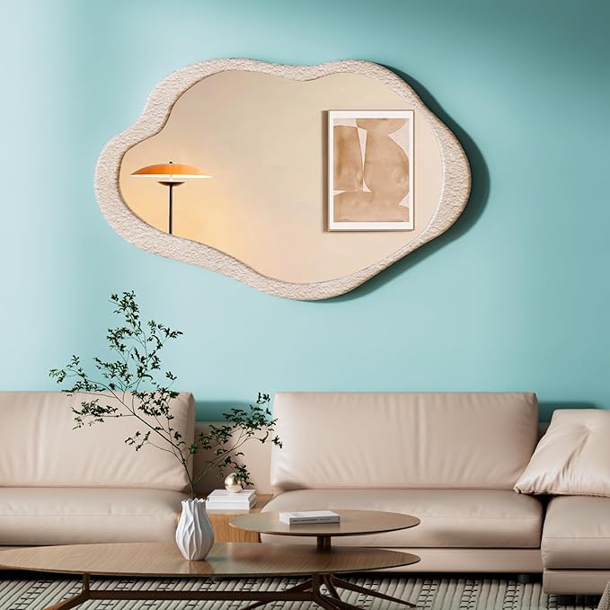 32"x 20" Wavy Cloud Mirror Irregular Wall Mirror with Wood Frame, Modern Decorative with Hanging Hooks, Asymmetrical for Bedroom Living Room Entryway Beige