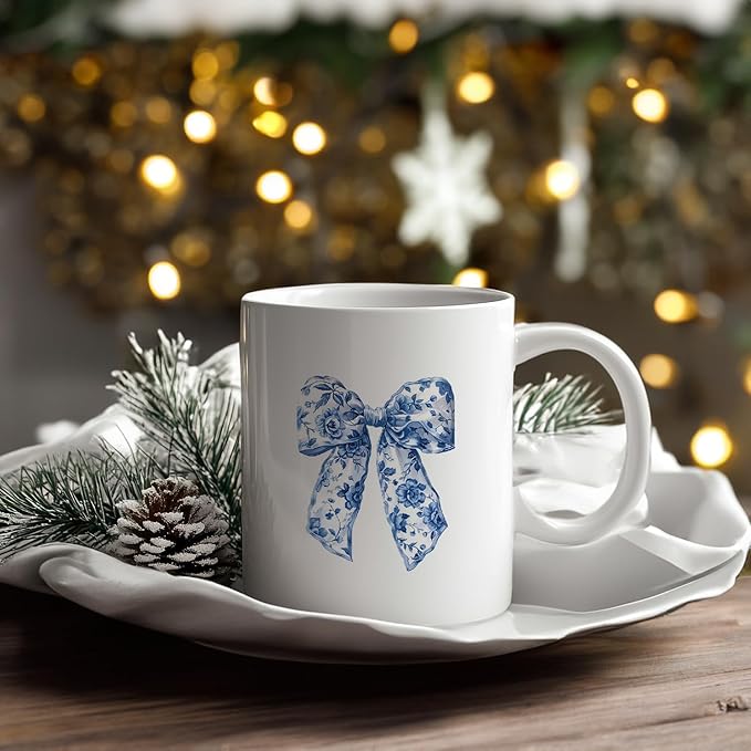 Chinoiserie Bow Coffee Tea Mugs, Coquette Grandmillennial Bows Ceramic Coffee Mug, Vintage Blue Coffee Cup, 11oz Ceramic Cup White