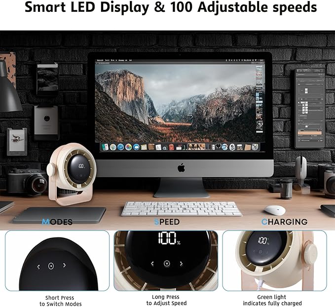 VAVOFO Desk Fan, Small Quiet LED Display Portable USB Fan, 5 Modes, 180°Tilt, 100 Speeds, Rechargeable 3600mAh Battery Operated Table Fans For Bedroom, Office, Outdoor(YELLOW)