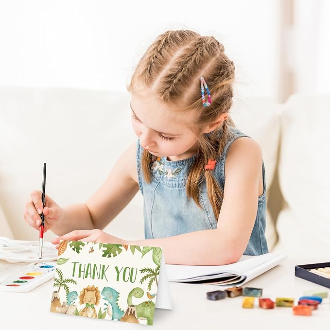24 Pack Dinosaur Thank You Cards Bulk Cute Cartoon Greeting Cards with Envelopes Stickers Blank Note Cards for Birthday Baby Shower Party Supplies, 4 x 6 Inch