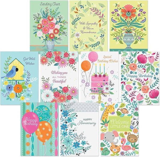 Current Thoughtful Wishes All Occasion Value Pack - 20 Cards With Envelopes, Celebration, Get Well, Sympathy, Birthday, Anniversary & Thinking of You Variety, Large 5" x 7" Assortment, 10 Design Set