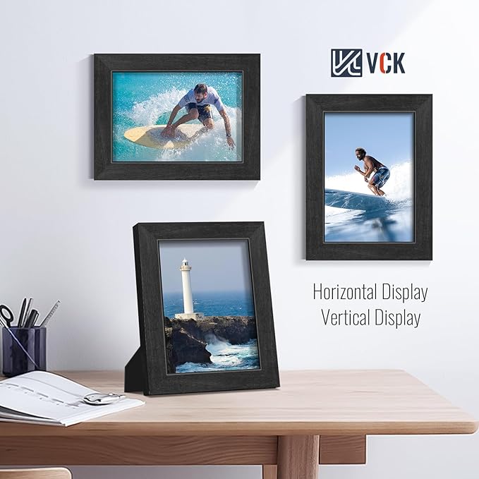VCK 5x7 Picture Frames Black Set of 5, Wide Border Wood, Tempered Glass, Display 4x6 Photo with Mat or 5 x 7 without, for Home, Office, Gallery, Woodgrain Series, Tabletop & Wall Hanging