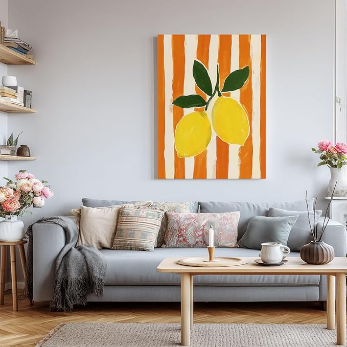 Lemon Watercolor Wall Art – Fresh Yellow Citrus Canvas Print – Orange Stripe Kitchen Decor – Modern Botanical Fruit Illustration Poster 24x32inch-Unframed
