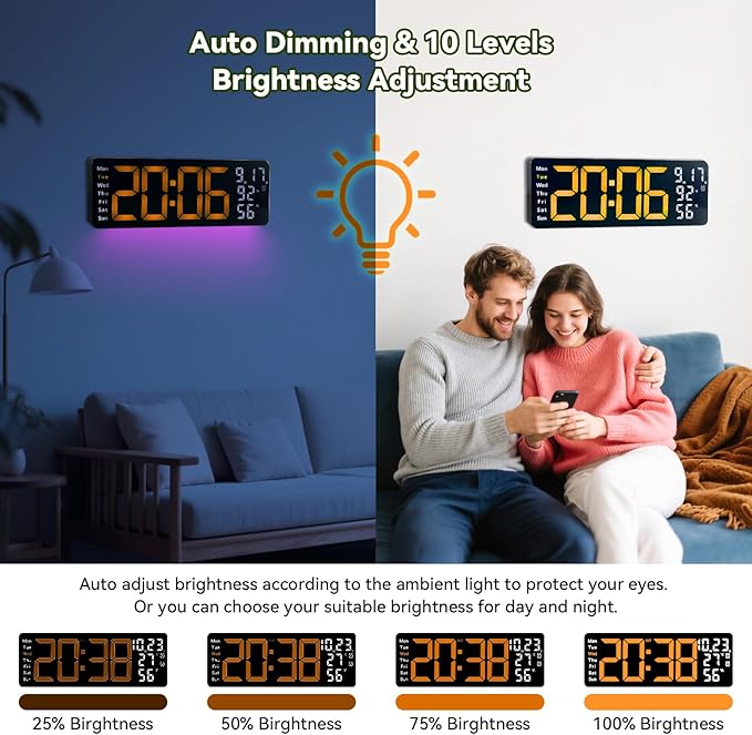 Digital Wall Clock Large Display, 17.3" Digital Clock with RGB Color Remote Control, Auto-Dimming Big Wall Clock with Night Light,Auto DST,Date Week,Temp for Home Decoration, for Elderly (Orange)