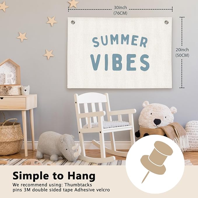 Coastal Beach Summer Vibes Kids Room Decor - Linen Banner Wall Hanging Canvas Banner Flag Decor for Kids Toddler Bedroom Nursery Playroom
