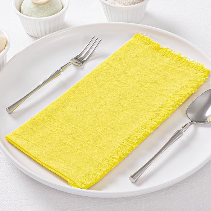 12 Pack Lemon Yellow Cotton Linen Napkins with Fringe Spring Cloth Napkins Set of 12 Boho Handmade Dinner Napkins Bulk for Wedding Bridal Baby Shower Valentine's Day, 17 x 17 Inches
