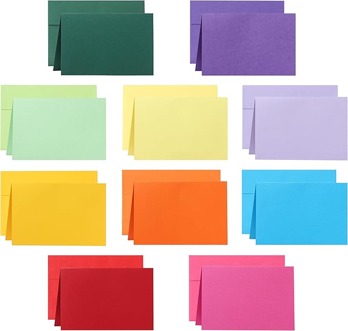 10 Assorted Colors Blank Cards and Envelopes 4 x 6 Heavyweight Folded Cardstock and A4 Printable Envelopes Self Seal 20 packs for Christmas, Wedding Invitations, Thank You Cards, Birthday