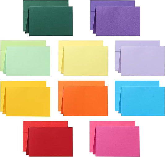 10 Assorted Colors Blank Cards and Envelopes 4 x 6 Heavyweight Folded Cardstock and A4 Printable Envelopes Self Seal 20 packs for Christmas, Wedding Invitations, Thank You Cards, Birthday