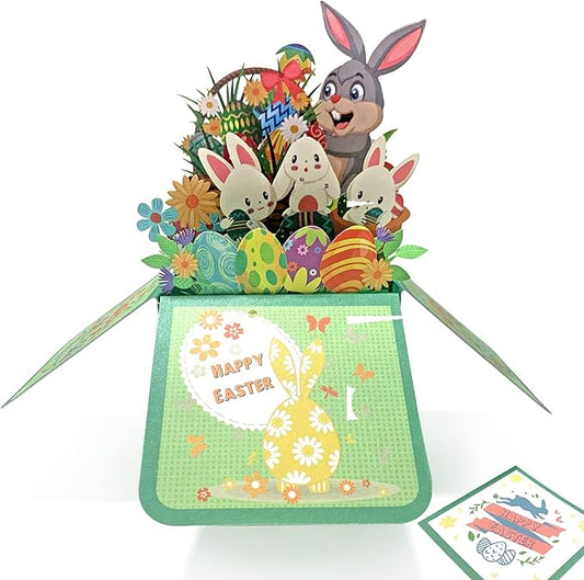 Easter Pop Up Cards - 3D Bunny & Eggs Greeting Card with Floral Design | Unique Easter Gifts for Family, Kids, Adults | Funny Basket Stuffer for Husband, Wife, Boys & Girls
