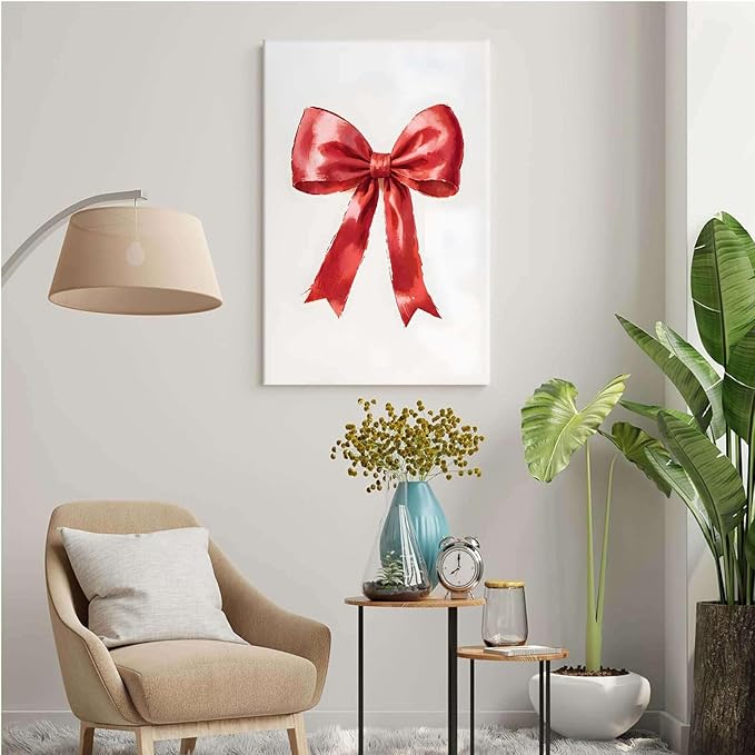 Canvas Wall Art Vintage Red Christmas Bow Wall Art Winter Home Decor Red Bow Print Holiday Christmas Decor 28x40in-UnFramed