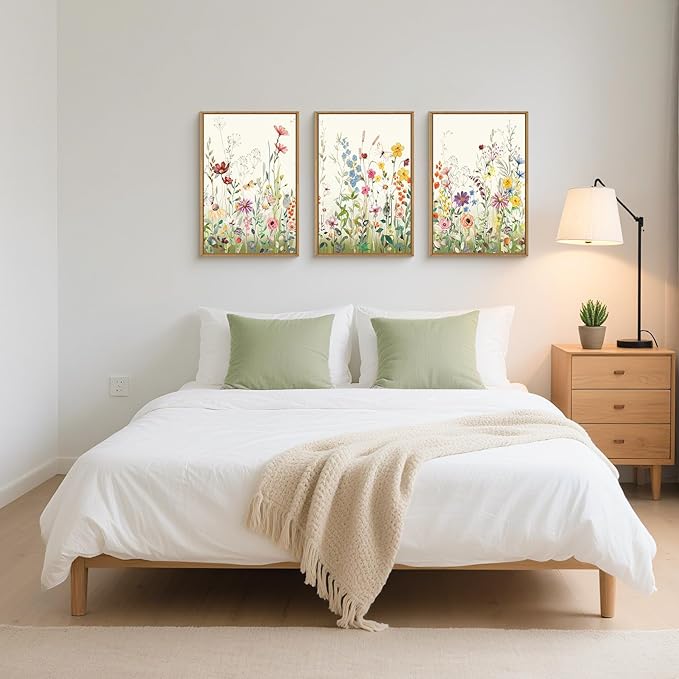 Watercolor Colorful Wildflower Framed Canvas Wall Art Set,Modern Nature Flower Wall Decor,Natural Pink Green Floral Botanical Artwork for Living Room, Bedroom,Farmhouse- 24"x36"x3