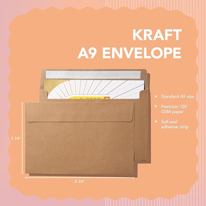 Pack It Chic - 5.5” X 8.5” Envelopes (110 Count) Kraft A9 Peel-and-Stick Envelopes for Photos, Letters, Invitations, Weddings, Announcements, and Holidays - 5 3/4" X 8 3/4"
