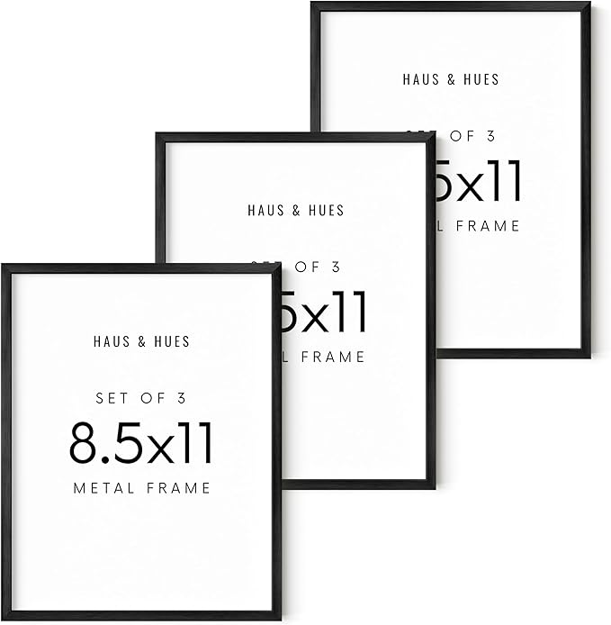 HAUS AND HUES 8.5x11 Black Metal Picture Frames - Features Premium Aluminum, Vertical & Horizontal Hang, Shatterproof Plexiglass - Perfect for Home, Room, Office (8.5x11 in, Black, Set of 3)
