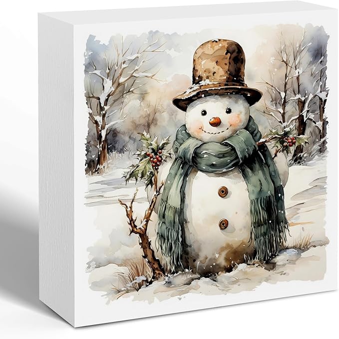 Vintage Snowman Winter Christmas Wooden Box Sign, Snowman Christmas Decorations, Rustic Xmas Winter Snowy Forest Wood Signs for Home Office Desk Shelf Tabletop Decor, 5x5 Inch Decorative Signage