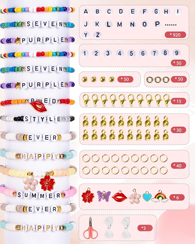 Goldwise Friendship Bracelet Making Kit, 24 Colors 6mm Clay Beads & 4mm Glass Seed Beads with 920 Letter Beads for Bracelet Making, Varieties of Charms, Jewellery Bracelet Making Kits