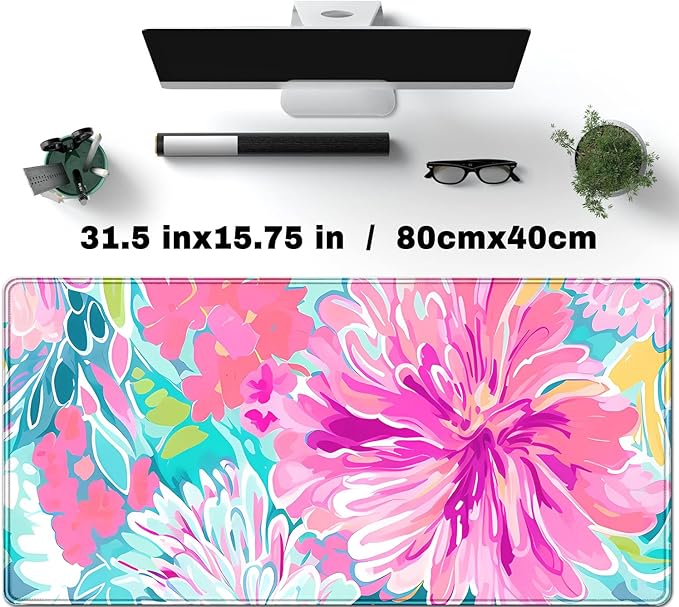 Chinoiserie Watercolor Floral Desk Mat - Pink Flower & Teal Leaves Large Mouse pad - XXL Non-Slip Desk Pad for Laptop, Vibrant Office Decor，Gaming Setup, Study Writing Mat 31.5x15.7in
