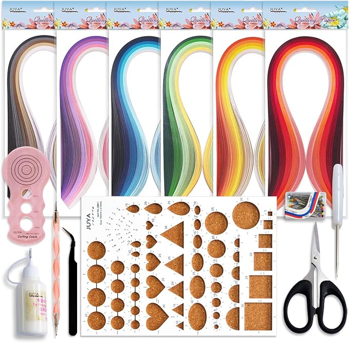 JUYA Paper Quilling Kits with 30 Colors 600 Strips and 8 Tools (Width:3mm with Glue, Pink Tools)
