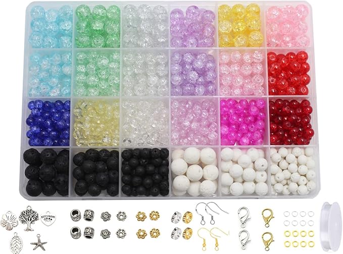 Pamir Tong 848PCS Crackle Glass Round Beads - 6mm 8mm 10mm Imitative Jade for Jewelry Making, Earrings, Necklaces, and DIY Crafts