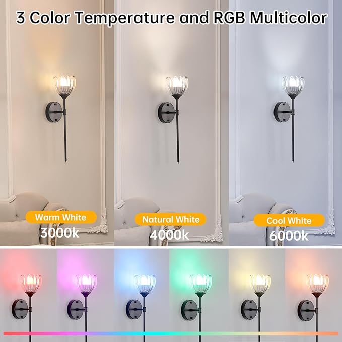 Battery Operated Wall Sconce Set of 2, Clear Tulip Vintage Wall Light Fixture Rechargeable 5000mAh Battery Powered Wall Lamp with Remote for Living Room Bathroom, Black