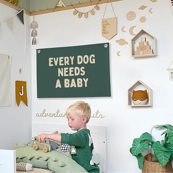 Baby Shower Decor,Forest Green Pregnancy Announcement Babe Gender Reveal Shower Wall Hanging Canvas Banner, Every Dog Needs a Baby Wall Art Decor for Newborn Babe Room Bedroom, 30x20 Inch