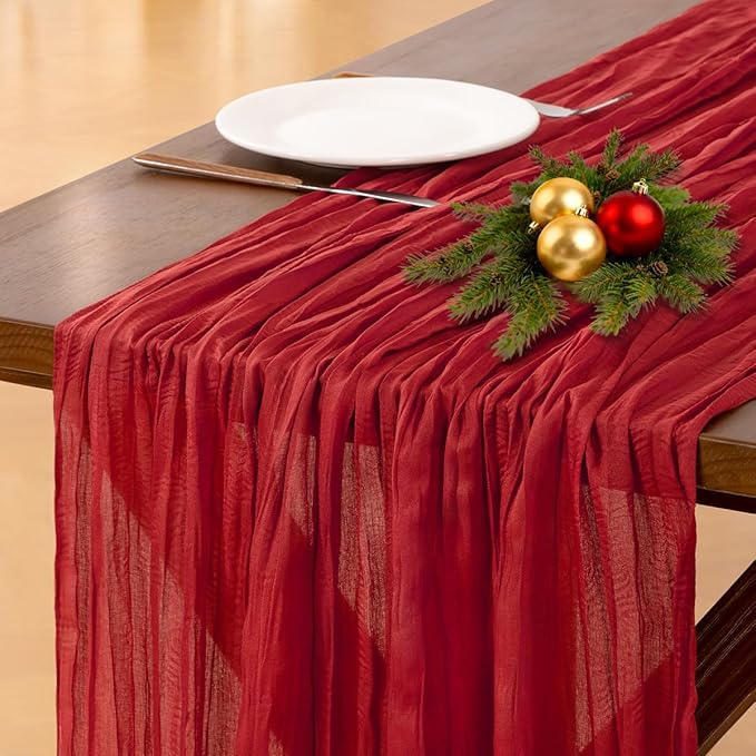Socomi Red Cheesecloth Table Runner Valentine's Day Boho Rustic Gauze 120 inch 10FT Cheese Cloth Runner for Wedding Party Baby Shower Birthday Home Decor Holiday Decorations