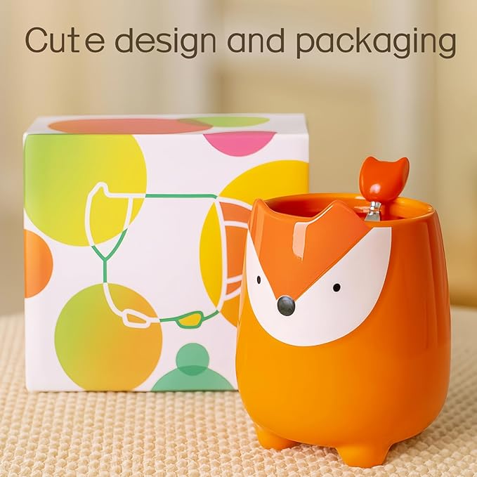 Yuwu uwu 17oz Fox Mug with Built-in Tea Bag Holder and Spoon – Cute Glossy Ceramic Animal Tea Cup for Kids, Women, Girls – Gift for Autumn, Birthday, Christmas (orange)
