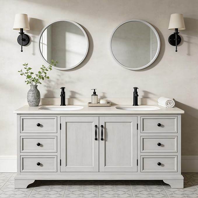 WallBeyond 24 Inch Round Wood Mirror, Circle Wooden Frame Wall Mirror for Bathroom, Living Room, Bedroom, Entryway (White)