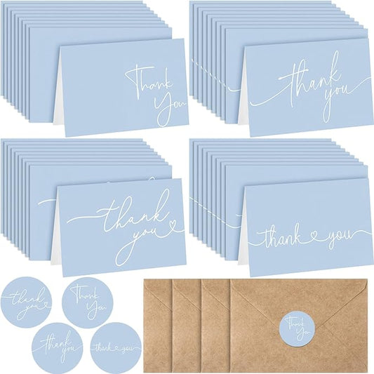 Teling 200 Set Thank You Cards with Envelopes Bulk, 6 x 4 Inch Blank Thank U Greeting Notes with Brown Kraft Envelopes Stickers Thankyou Card Set for Graduation Wedding Birthday Baby Shower(Blue)