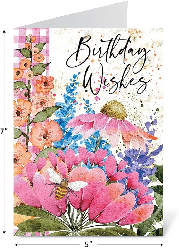 Current Floral Bees Birthday Cards - Set of 8 (4 designs, 2 each), 5 x 7 Inches, Sentiments Inside, Envelopes Included, Assortment Set
