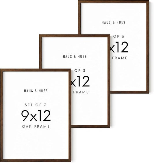 HAUS AND HUES 9x12 Walnut Oak Frame Set of 3 - Wooden Poster Holders, Rustic Gallery Wall Display