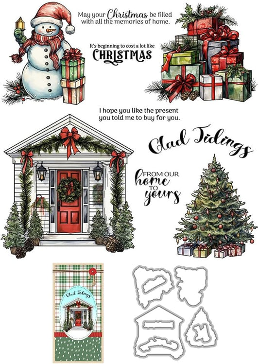 Christmas Tree Door Snowman Stamps and Cutting Dies for Card Making DIY Transparent Silicone Clear Stamp and Metal Die Cuts Sets for Scrapbooking Paper Greeting Cards Decor Seals Craft Supplies