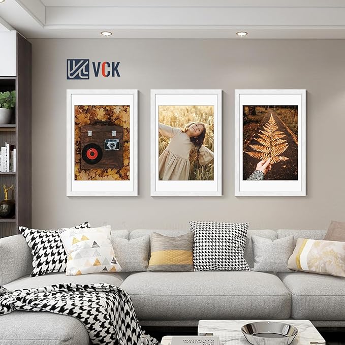 VCK 20x30 Frames White Set of 5, Wide Border Wood, Display 18x24 Picture Photo with Mat or 20 x 30 without, for Home, Office, Gallery, Woodgrain Series, Wall Hanging