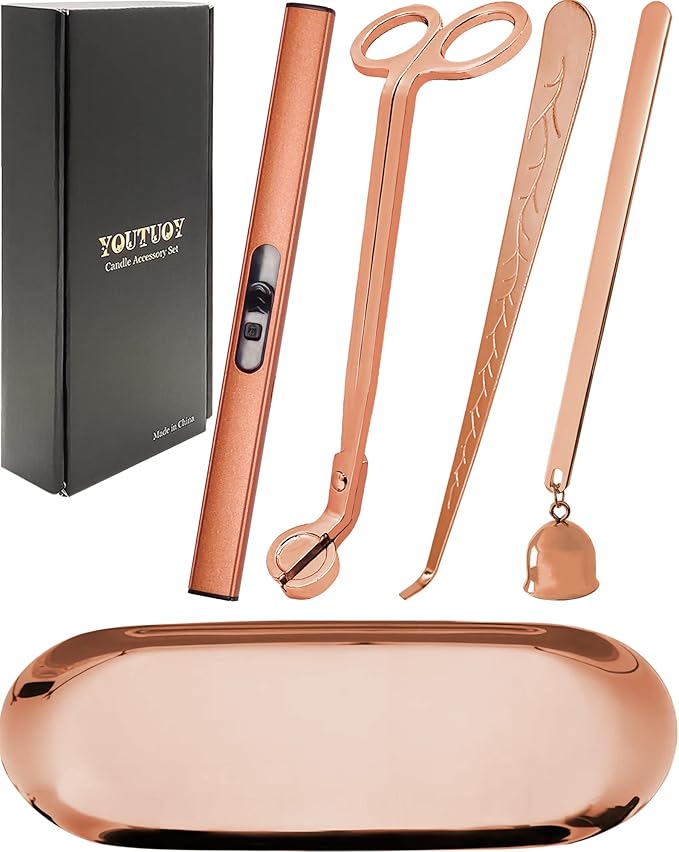 5 in1 Candle Accessory Set with Rechargeable Candle Lighter, Candle Wick Trimmer, Candle Wick Snuffer, Candle Wick Dipper, Storage Tray Plate, Candle Care Kit (Rose Gold)