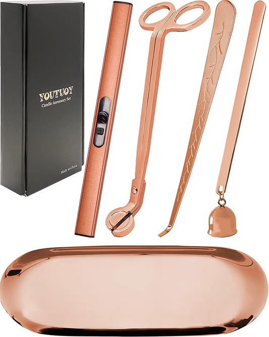 5 in1 Candle Accessory Set with Rechargeable Candle Lighter, Candle Wick Trimmer, Candle Wick Snuffer, Candle Wick Dipper, Storage Tray Plate, Candle Care Kit (Rose Gold)