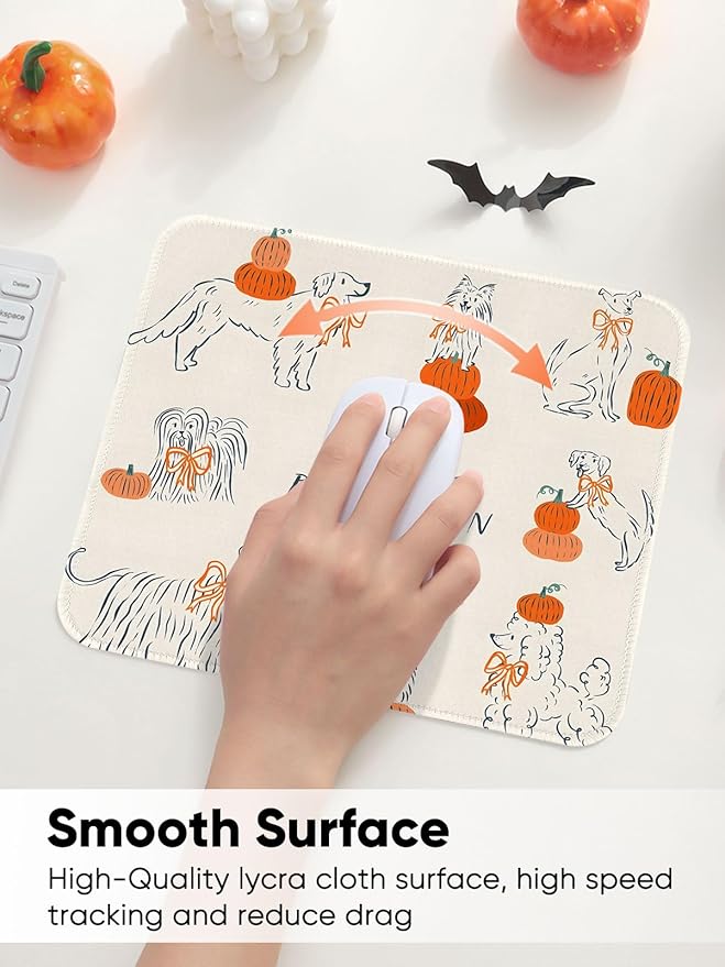Seorsok Halloween Cute Puppy Mouse Mat,Pumpkin Decor Mouse Pads for Office Laptop,Washable Square Cute Mousepads with Extended Stitched Edges Non Slip Rubber Base 9.5"x7.8"x0.12" Inch,Beige