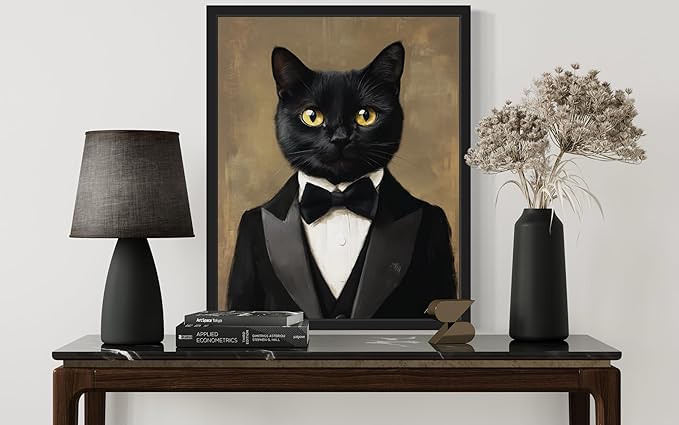 Tuxedo Cat Art Poster Print, Kitten Painting Humor Portrait Pet Artwork Decor Gallery A8 (Tuxedo Cat, 11 x 14 inches, Black Frame)