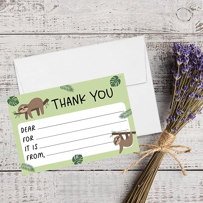 Andaz Press Kids Fill in the Blank Thank You Cards - 20 Cards Including Envelopes Sloth Gender Neutral Note Cards For Boys Girls Birthday Party Thank You Notes for Friends, Family, and Party Guests