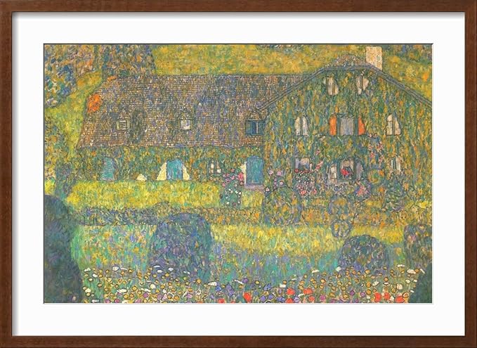 ART.COM Wall Art Print House in Attersee on Brown Frame by Gustav Klimt, 29" x 21"