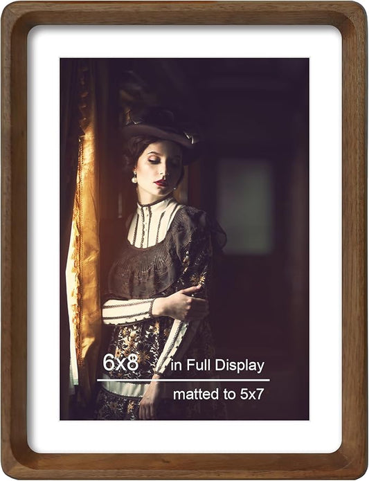 6x8 Picture Frame Natural Walnut Wood with Mat for 5x7, Original Natural Solid Wood 6 by 8 Photo Frames with Tempered Glass Cover for Wall and Tabletop Display