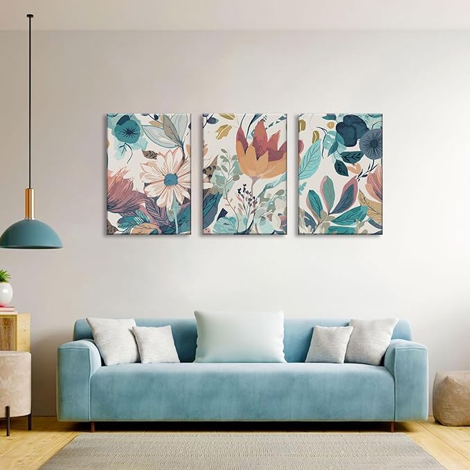 TUEASKY 3 Piece Botanical Canvas Wall Art Neutral Floral Wall Art Modern Minimalist Flower Decor Wildflower Prints for Living Room Bedroom Office 16x24in Framed