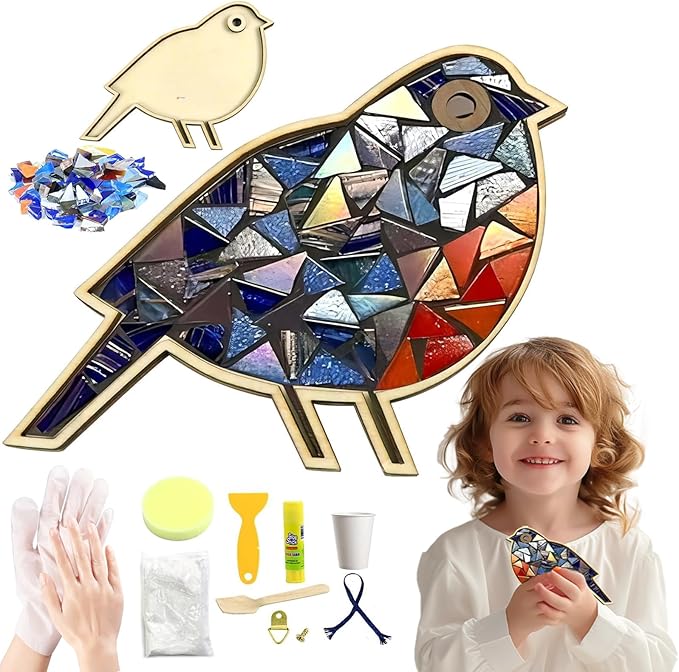 TATREBCRE DIY Mosaic Kit for Adults & Kids – Feather, Bird, Cat & Heart Designs – Christmas Gift Arts and Crafts Kit with Grout & Tools – Easy Mosaic Craft for Beginners (Colorful Bird)
