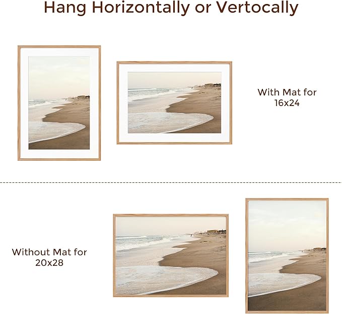 20x28 Oak Wood Picture Frame, 20"x28" Poster Frame for Wall, 20x28 Picture Frame with Mat for 16x24, Solid Oak Wood Photo Frame 20 x 28 with Tempered Real Glass (Natural Oak Color, 1 Pack)