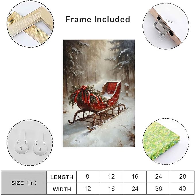 Vintage Christmas Canvas Wall Art Holiday Ride Painting Snowy Woodland Print Classic Sleigh Wall Decor Rustic Landscape Poster Indoor Decor for Offices Living Room Winter Holiday Framed Ready to Hang