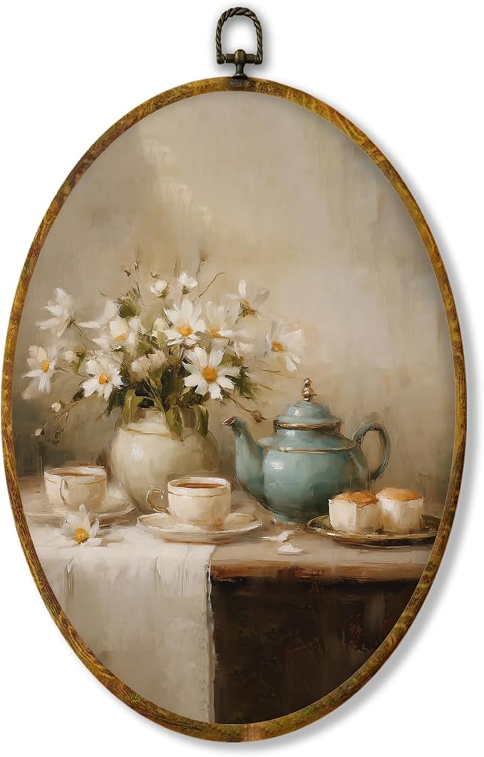 Hiuwevt Vintage Teapot Floral Oval Wall Art Decor, Antique Still Life Framed Canvas Prints, Rustic French Country Oval Wall Hanging Decor for Home Kitchen Decorations, 8.6x11.4 Inches