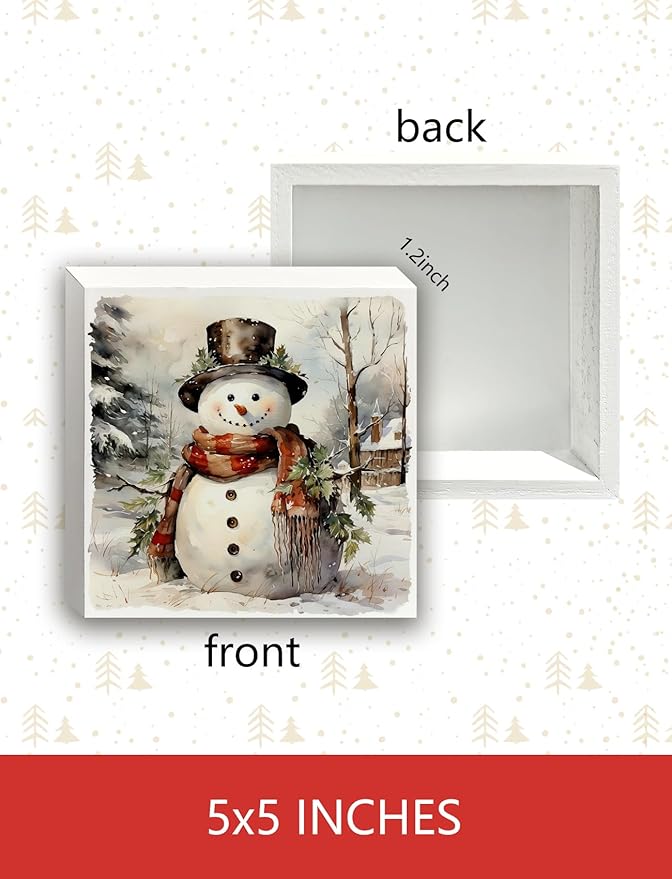 Vintage Snowman Winter Christmas Wooden Box Sign, Snowman Christmas Decorations, Rustic Xmas Winter Snowy Tree Cottage Wood Signs for Home Office Desk Shelf Tabletop Decor, 5x5 Inch Decorative Signage